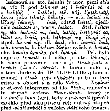 Machek: Etymologický slovník - původ 'lesknouti se'