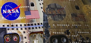Logo NASA a vlajka USA před a po návratu z vesmíru